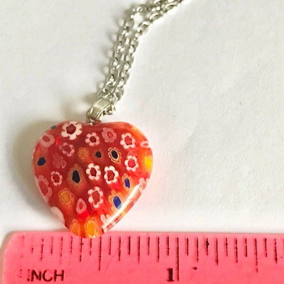 Orange Murano Glass Heart Necklace Millefiori Flowers Vintage Stainless Steel 18 - Picture 11 of 12